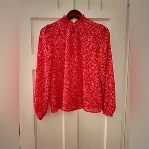 J Crew Top Womens S Red Pink Hearts Ruffle Keyhole Pullover Lined Blouse